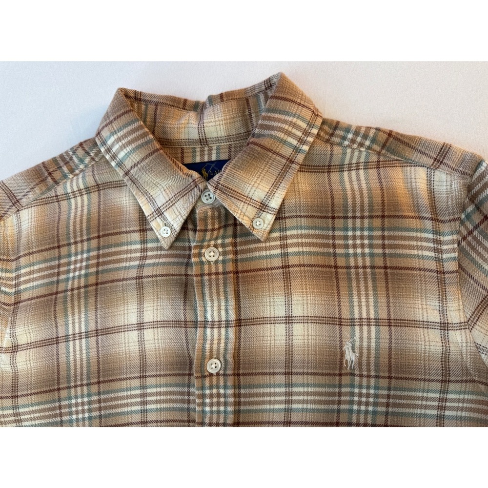 Ralph Lauren Mens Large Tan Brown Plaid Cotton Button Down Shirt Pony Logo - Picture 5 of 16